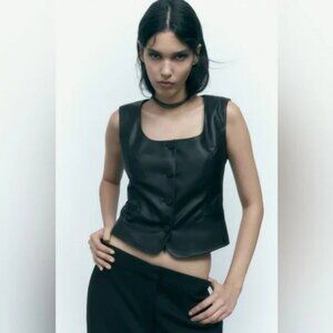 ZARA Faux Leather Vest Black M Square Neckline Button Up Trendy Basic Edgy Chic